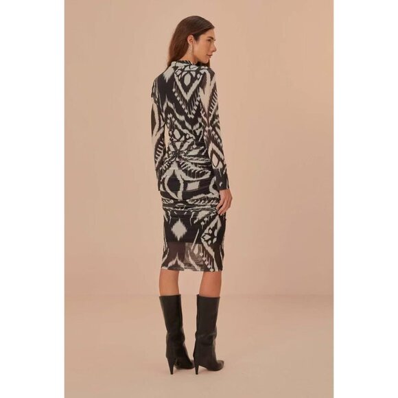 NWT Farm Rio Pineapple Ikat Tulle Midi Dress Long Sleeves Size S Black and White - Picture 3 of 15